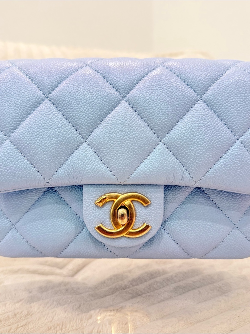 CHANEL Light Blue Quilted Shoulder Bag with Gold CC Lock